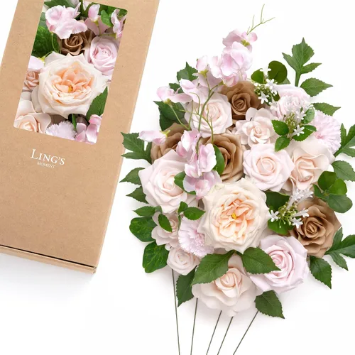 Miniatura 10 de Ling's moment Caja de Flores Falsas, Tallos de Vegetación Artificial Falsa, Rosas de Espuma, Gardenias, Hortensias de Seda, Ranúnculos, Flor de Tela