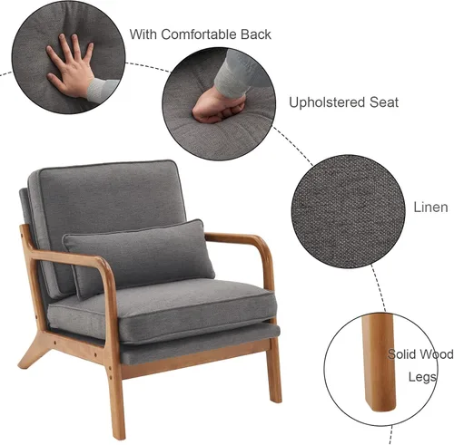 Miniatura 3 de BIVVI Modern Accent Chair Armchair with Oak Armrest, Upholstered Single Lounge Chair Comfy Linen Reading Vanity Living Room Chairs Sofa Chair,Indoor