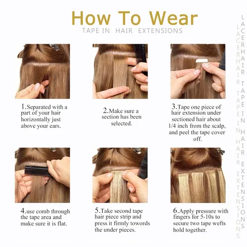 Miniatura 8 de Lacer Extensiones de cabello humano con cinta, cabello humano castaño mezclado con marrón oscuro con raíces de color marrón oscuro, invisible