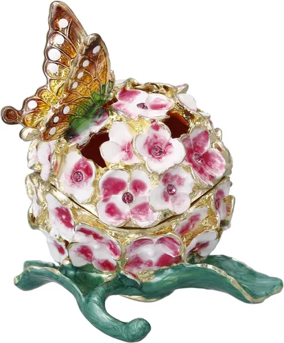 Miniatura 7 de Caja de joyería de flores de hortensias pintada a mano, joyero esmaltado con bisagras, organizador único de joyas de mini anillos, almacenamiento