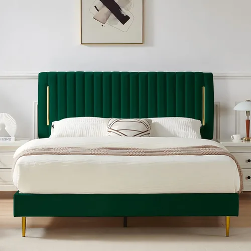 Miniatura 13 de Furnify Armazón de Cama de Plataforma Twin, Marco de Cama Tapizado en Terciopelo con Cabecera Ajustable de Canal Vertical, Ribete de Enchapado