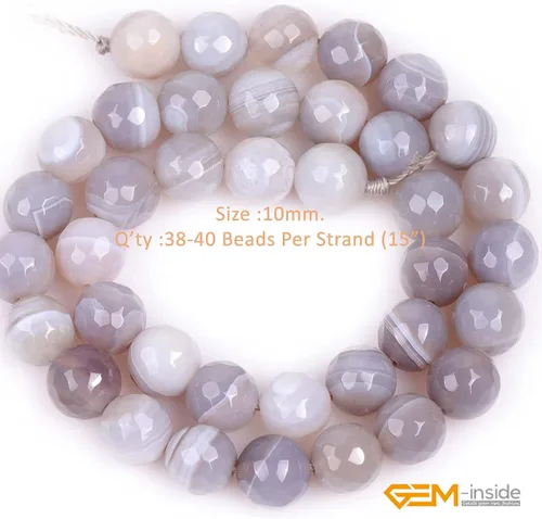 Miniatura 2 de GEM-Inside - Cuentas sueltas de ágata gris con banda para hacer joyas, redondas de 0.394 in, facetadas de 15 pulgadas