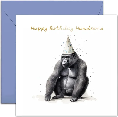 Old English Co. - Tarjeta de feliz cumpleaños para él, tarjeta de cumpleaños de Funyn Gorilla Party Hat para papá, hijo, abuelo, sobrino, hermano,