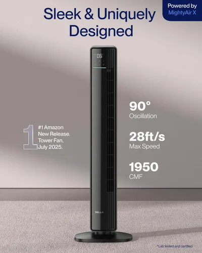 Miniatura 2 de Della 42" Ventilador de torre inteligente, ventilador de enfriamiento ultra silencioso de 23dB con 12 velocidades, oscilación de 90°, flujo de aire