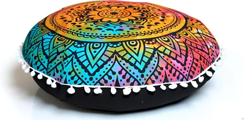 Miniatura 17 de Funda redonda para cojín de piso con mandala, estilo hippie, decorativa, bohemio, para puf otomano, con pompones, fundas de almohada, boho, indio