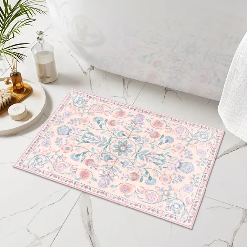 Miniatura 11 de Uphome Alfombra de baño bohemia con diseño floral beige, ultra suave, antideslizante, vintage, lavable a máquina, alfombra de baño floral para baño