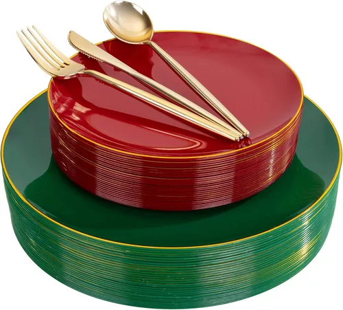 Miniatura 11 de I00000 150 PIEZAS Platos Desechables Dorados Cubiertos, Juego de Vajilla con Purpurina Dorada Incluye 25 Platos de Cena 10.25'', 25 Platos de Postre