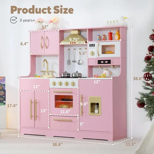 Miniatura 6 de TODEFULL Juego de cocina de madera para niños con sistema de almacenamiento de juguetes, juego de cocina de simulación con campana extractora, Rosa