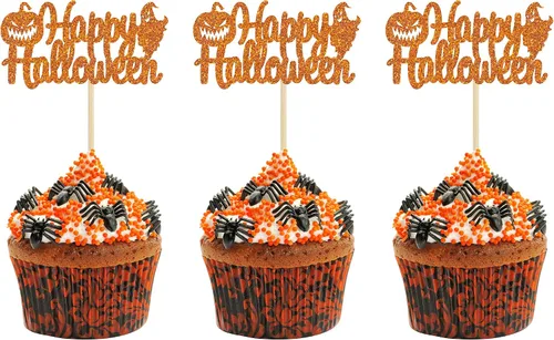 Miniatura 12 de Gyufise 24 adornos para cupcakes de Halloween con calabaza, fantasma, purpurina negra, decoraciones para cupcakes para niños, decoración de fiesta