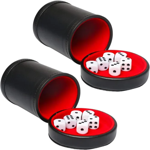 Miniatura 8 de Taza de dados de piel sintética marrón con tapa, taza de terciopelo interior silenciosa con 6 dados para juegos de dados mentirosos, Farkle/Yahtzee
