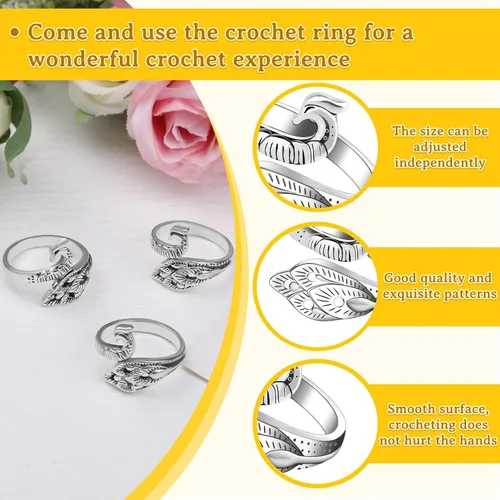 Miniatura 4 de Yizzvb 3 anillos de ganchillo + 30 marcadores de puntada, 6 agujas romas grandes para ojos, anillos de tensión ajustables para hilo de dedo, juego
