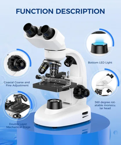 Miniatura 11 de Microscopio binocular compuesto para adultos, profesionales y niños, aumento de 40X-2000X con iluminación LED, platina mecánica, oculares WF2x