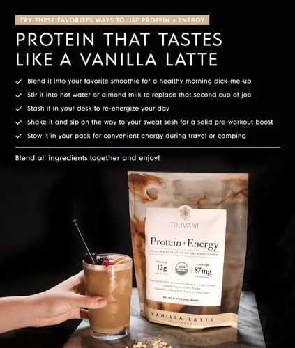 Miniatura 7 de Truvani Mezcla de proteína + bebida energética con 87 mg de cafeína, sabor a leche de vainilla, 0.44 onzas de proteína orgánica a base de plantas