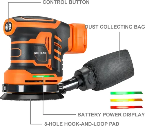 Miniatura 2 de Lijadora orbital inalámbrica sin escobillas de 6 velocidades máx. 21000 RPM, lijadora eléctrica de 5 pulgadas con colector de polvo compatible