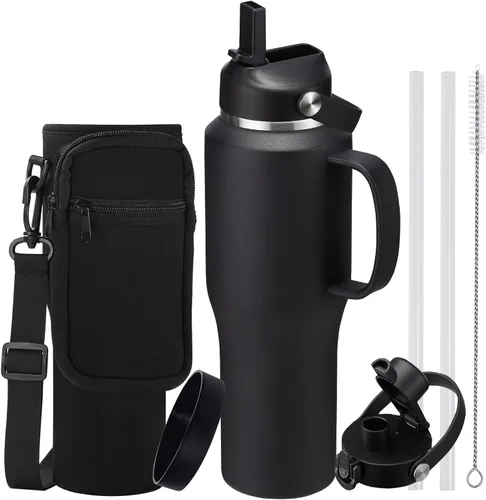Miniatura 39 de Botella de agua de acero inoxidable de 32 onzas, frío-48 horas y caliente-24 horas, termo con popote y tapas de boquilla, bolsa, botella aislada al
