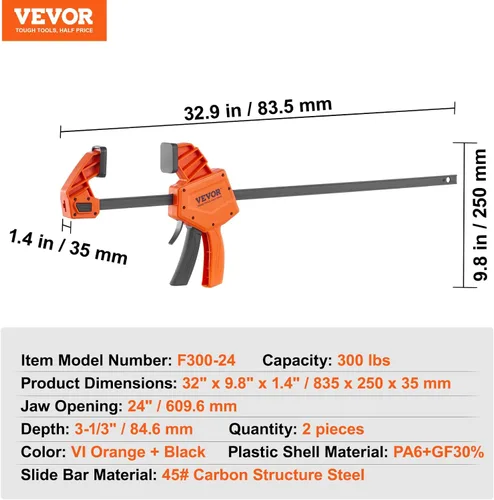 Miniatura 7 de VEVOR Abrazaderas de Barra para Carpintería, Paquete de 2 Abrazaderas/Separadores de Una Mano de 24", Abrazadera F de Cambio Rápido con Límite