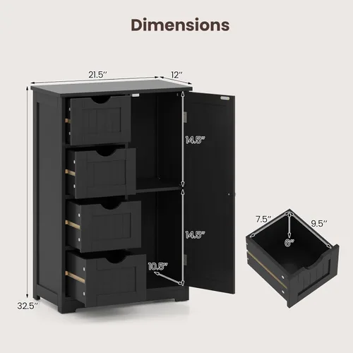 Miniatura 3 de Giantex Gabinete de Almacenamiento de Baño con Cajones - Organizador de Almacenamiento de 4 Cajones con Armario, Estante Ajustable, Dispositivo