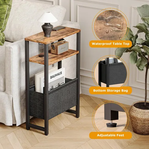 Miniatura 4 de Mesa auxiliar estrecha, mesa auxiliar delgada con estante para revistas, mesa auxiliar para espacios pequeños, mesa auxiliar de 3 niveles para sofá