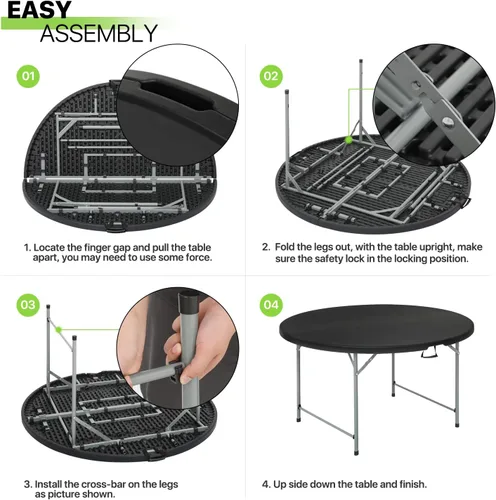 Miniatura 9 de Magshion Mesa plegable redonda de 48 pulgadas, mesa de plástico plegable de 4 pies con asa de transporte para exteriores, boda, fiesta, evento, Negro