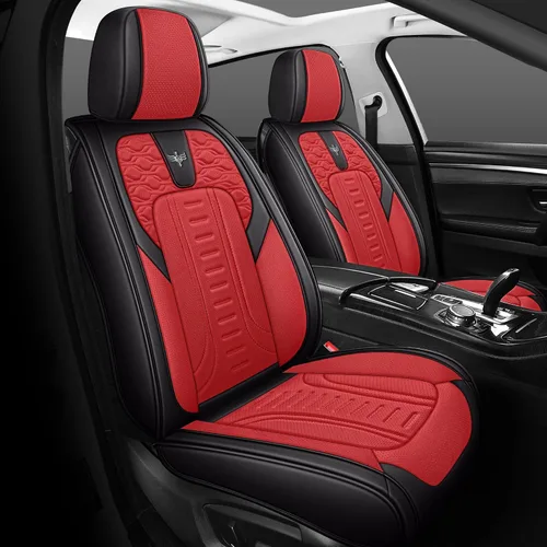 Miniatura 13 de LINGVIDO Funda de asiento de piel sintética (ajuste universal, línea roja negra), funda impermeable para asiento delantero de automóvil, SUV