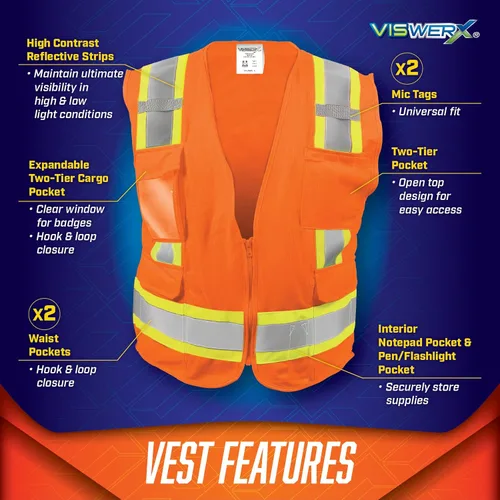 Miniatura 5 de Chaleco de alta visibilidad naranja – ANSI CL2 – Chaleco de seguridad, chaleco reflectante para áreas de trabajo, construcción y alto tráfico