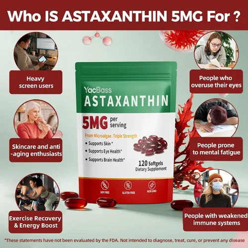 Miniatura 3 de Suplementos de astaxantina de 5 mg - Astaxantina Premium 120 cápsulas blandas para ojos, cerebro, piel y apoyo inmunológico, fuente de microalgas