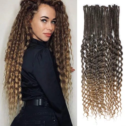 Miniatura 25 de Extensiones de rastas trenzadas bohemias de 24 pulgadas, 10 hebras de rastas sintéticas rizadas color marrón degradado con trenza de caja, rastas