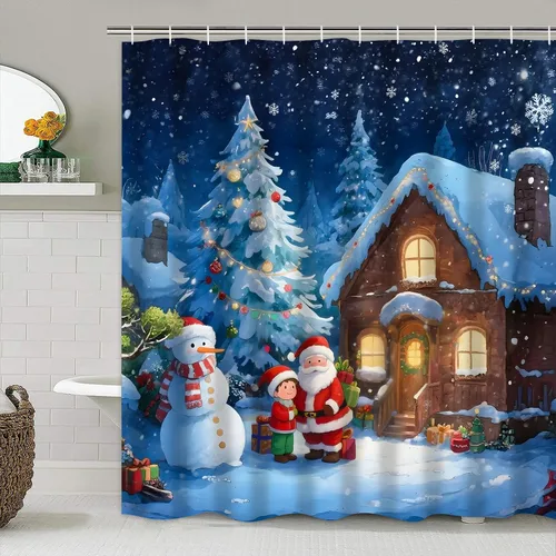Miniatura 5 de AZHM Juego de cortinas de ducha de Navidad con alfombras, cabaña nocturna nevada y árbol de Navidad, conjuntos de baño 4PCS, decoración de Papá Noel