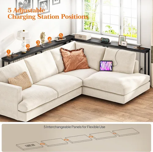 Miniatura 4 de HOOBRO - Mesa de consola estrecha de 63" con estación de carga, mesa de sofá de 5.9" con 2 tomas de corriente y puertos USB, mesas largas de entrada