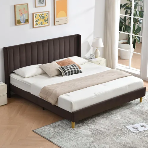Miniatura 11 de Base de cama Queen con cabecero, base de cama de plataforma con respaldo de terciopelo vertical copetudo, soporte de listones de madera, no necesita
