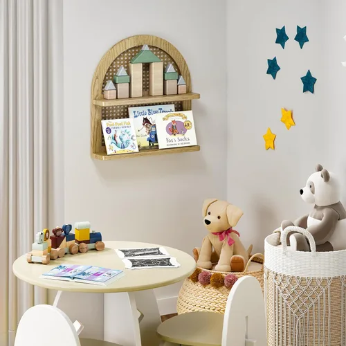 Miniatura 4 de Estante de pared de ratán bohemio de madera, estante flotante de mimbre arqueado de 2 niveles, estante bohemio de madera natural, estantes rústicos