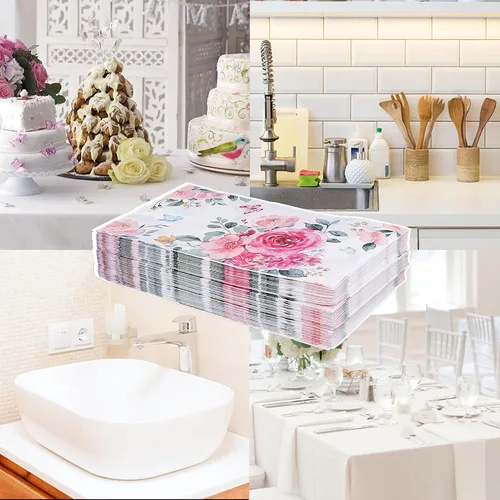 Miniatura 5 de Servilletas de papel florales para platos, 60 servilletas desechables largas para decoración de fiesta, boda, cumpleaños, baño (rosa)