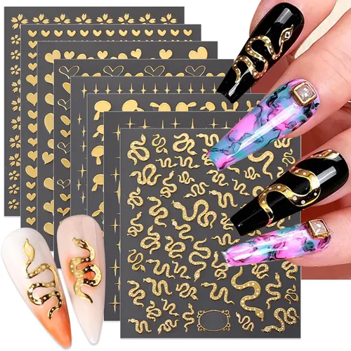 Miniatura 10 de 8 hojas de calcomanías de arte de uñas Aurora para mujeres, niños y niñas, láser de estrella plateada, serpiente, flor, conejo, corazón, diseño