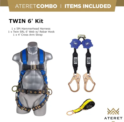 Miniatura 7 de Palmer Safety Twin 6' KIT I Arnés de martillo de 5 puntos, línea de vida autorretráctil doble, correa de brazo cruzado de 4' I Kit de arresto de Azul