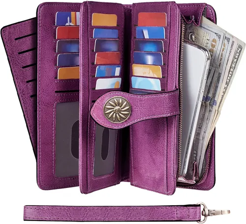 Miniatura 2 de Travelambo Billetera de gran capacidad con bloqueo RFID para mujer carteras de cuero genuino