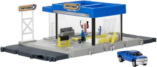 Matchbox Action Drivers Auto Shop Playset con 1 Chevy Silverado, piezas móviles y figuras, juguete para niños de 3 años en adelante