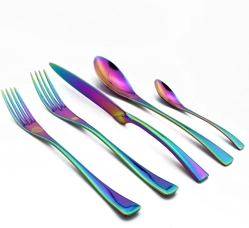 Juego de cubiertos de arco iris colorido de 5 piezas, juego de cuchillos de cena de acero inoxidable 18/10, pulido de espejo, servicio para 1