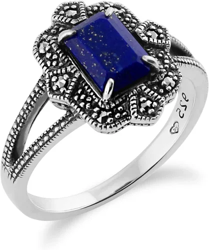 Miniatura 2 de Anillo de plata de ley 925 Art Deco Lapiz Lazuli y Marcasita