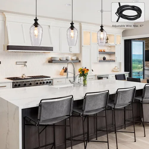 Miniatura 5 de Luces colgantes de cristal para isla de cocina, 1 luz negra con vidrio transparente soplado a mano, lámpara colgante de granja para fregadero