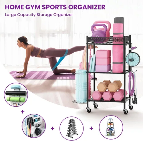 Miniatura 2 de Estante de almacenamiento para esterilla de yoga, estante de almacenamiento de gimnasio en casa, almacenamiento de entrenamiento VOPEAK para Negro