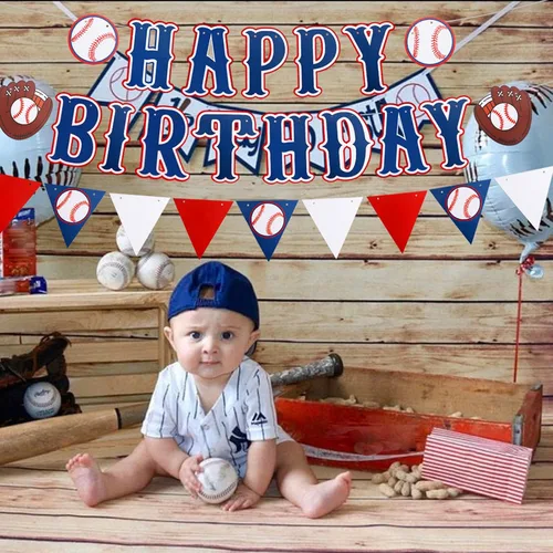 Miniatura 5 de Cartel de béisbol azul preencordado, 3 piezas, sin bricolaje, feliz cumpleaños, banderín triangular, decoración temática deportiva para baby shower
