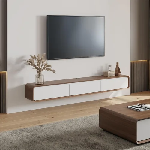 Miniatura 10 de POVISON - Soporte de TV flotante minimalista totalmente ensamblado, moderno centro de entretenimiento montado en la pared con 3 puertas abatibles