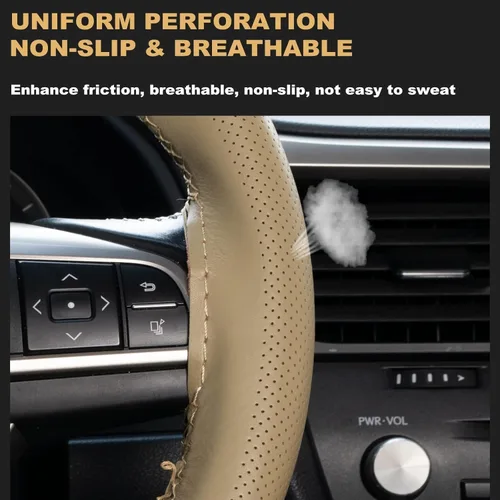 Miniatura 5 de AUTOXBERT Funda de volante de 38cm/15 pulgadas de piel auténtica para coser a mano, estilo DIY, con hilo y agujas, se ajusta para VW Ford Nissan Kia