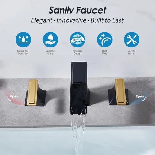 Miniatura 3 de Grifo de baño de dos tonos negro y dorado, grifo de baño generalizado de 2 manijas para fregaderos de 3 agujeros de 4 a 8 pulgadas, grifos