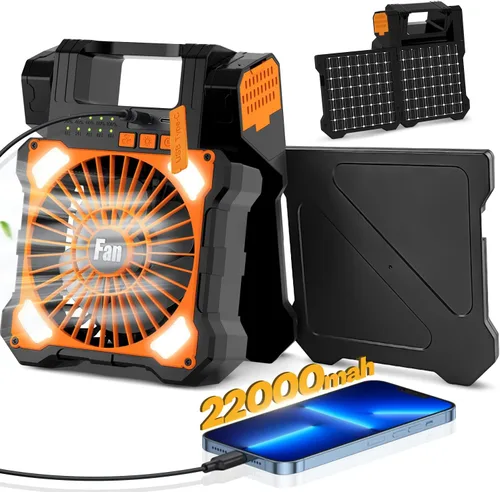Miniatura 8 de Ventilador solar de campamento de 25000 mAh, ventilador solar recargable de oscilación de 120° con luz LED, 6 velocidades ajustables, ventiladores