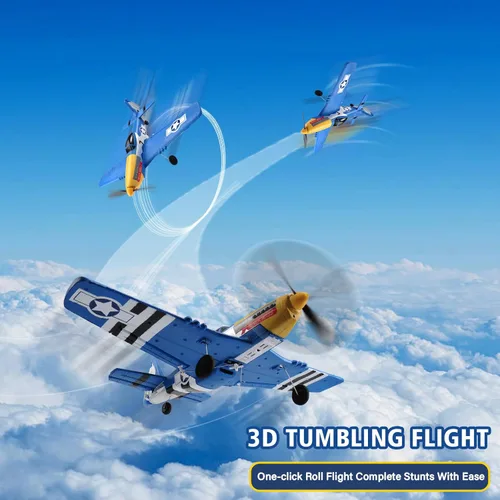 Miniatura 5 de jaming Avión RC P-51D Mustang Fighter de 4 canales para adultos y niños, avión de control remoto de 4 canales RTF con giroscopio de 6 ejes, Azul