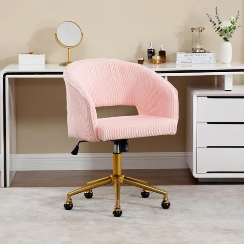 Miniatura 2 de Sillas de escritorio para oficina en casa Westice, silla moderna de corduroy con ruedas, silla giratoria ajustable en altura con base dorada