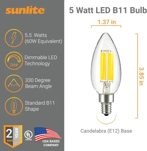 Miniatura 2 de Sunlite Bombilla LED B11 estilo filamento para lámpara de araña, punta torpedo, 5.5 vatios (equivalente a 60 W) regulable, 600 lúmenes, base