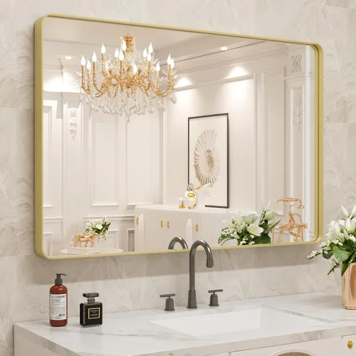 Miniatura 88 de WEER - Espejo de baño dorado, espejo de 40x32 pulgadas con marco de metal dorado cepillado, espejo de tocador de baño de oro para pared