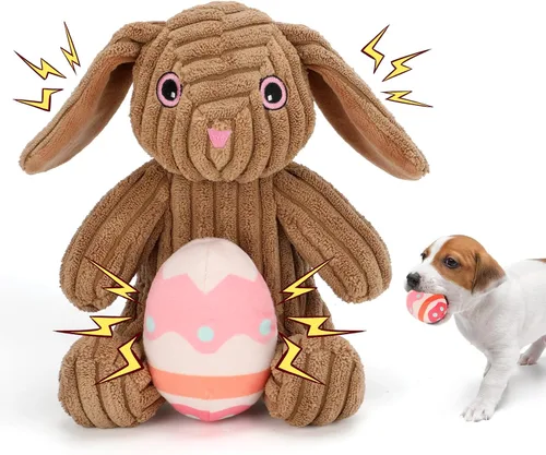 Miniatura 6 de Rypet Juguetes de peluche para perros, conejito de Pascua con huevo, juguete de felpa chirriante para mascotas con papel arrugado, juguetes